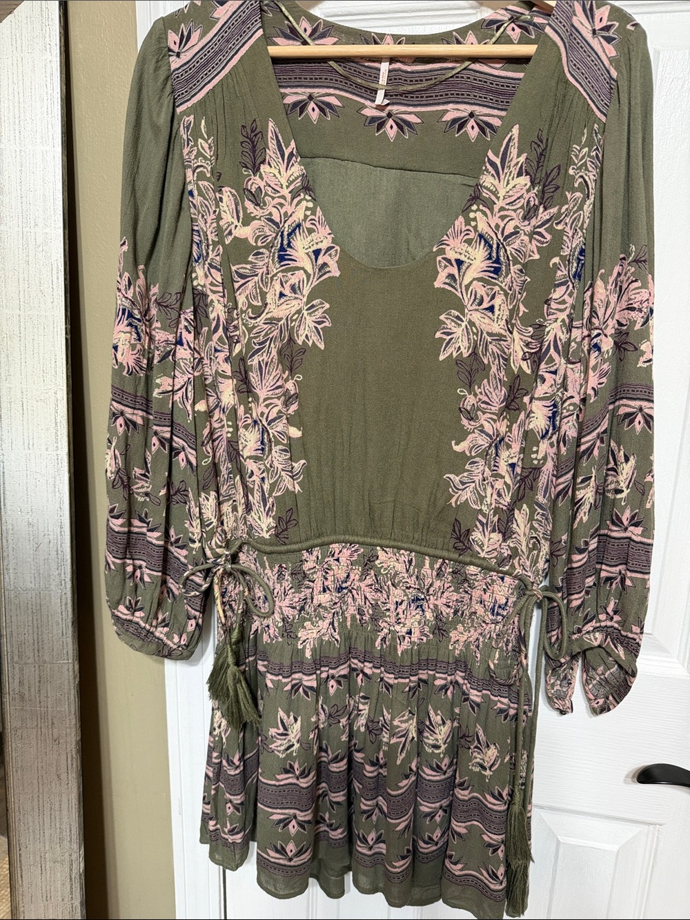Free People Olive Long-Sleeve Floral Drawstring Dress with Pink Accents